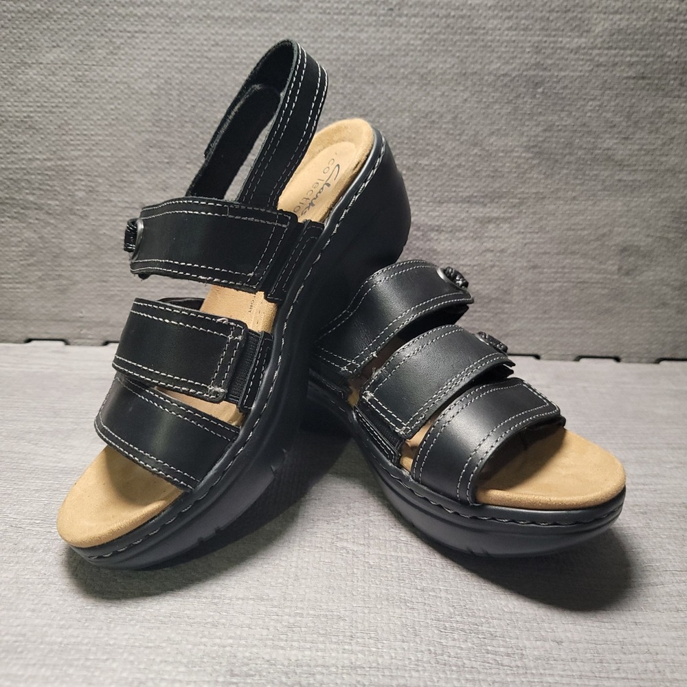 Clarks Merliah 2 Bali Wedge Sandals Womens 6 Black Solid Strappy Comfort Casual